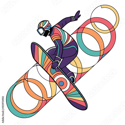 A snowboarder in colorful outfit performing a trick over a series of interconnected circles design
