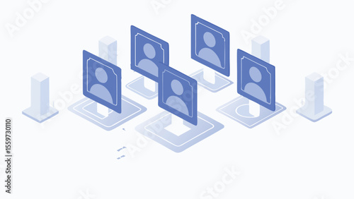 Isometric representation of user profiles with blue icons and simple geometric shapes design concept
