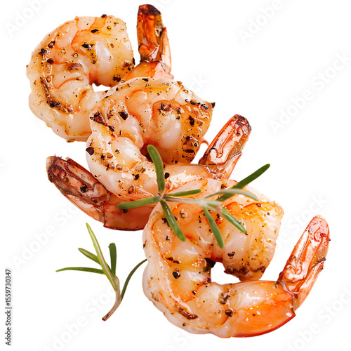 Three grilled shrimp isolated on transparent background with rosemary