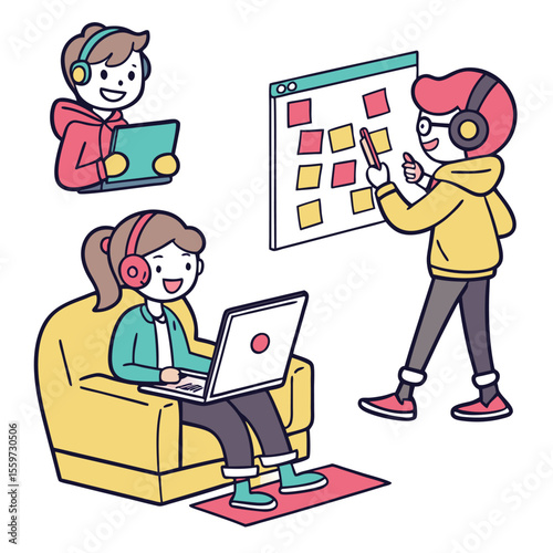 Illustration of three people working remotely with laptop, tablet, and sticky notes on a board