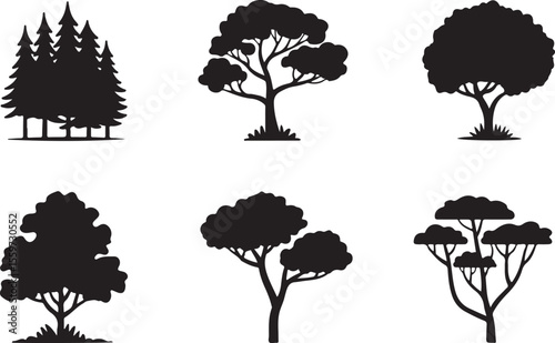 collection of black silhouette tree illustrations on white background showcasing various types of trees in different shapes and sizes