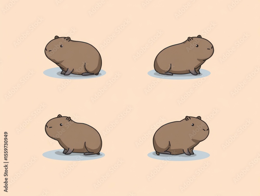 Fototapeta premium Four cartoon capybaras arranged in a grid on a beige background