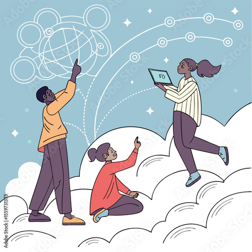 Three people interacting with a digital network while standing on fluffy white clouds in the sky