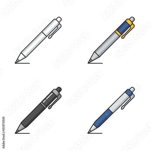 Ballpoint pen icon set in flat style. Office tool vector illustration on white background. School equipment sign business concept