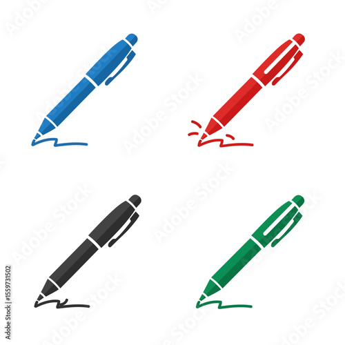 Ballpoint pen icon set in flat style. Office tool vector illustration on white background. School equipment sign business concept