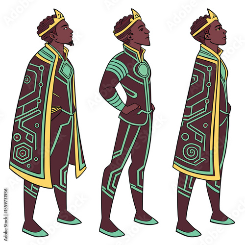 Three views of a king character design wearing a cape and suit with geometric neon green accents
