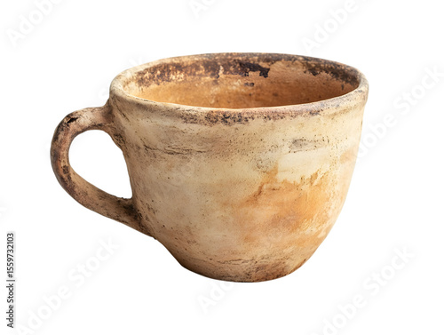 Ancient rustic clay cup with handle isolated on transparent background