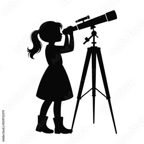 Young Girl Looking Through Telescope - Astronomy and Discovery Silhouette