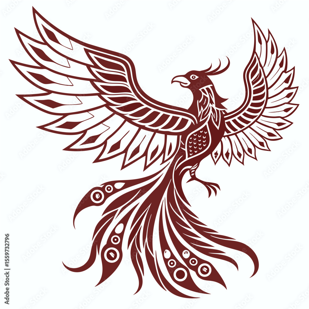 Obraz premium Majestic Phoenix Bird in Ornamental Style – Vector Mythical Illustration, Decorative vector illustration of a rising phoenix with intricate wings and tail, symbolizing rebirth and strength in ornate s