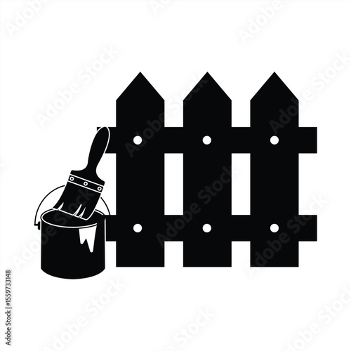 Painting a wooden fence. icon of paint brush and fence, isolated on white background. vector illustration