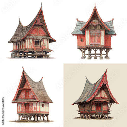 Traditional Batak Toba houses with elevated wooden structures, steep pointed roofs, and intricate carvings, illustrated in a detailed ethnic sketch style.

