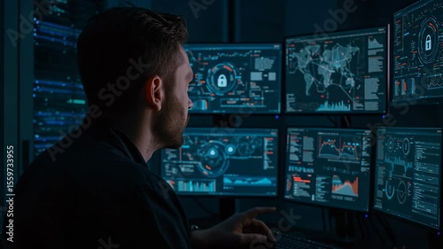 Focused IT professional monitoring data on multiple screens in cyber security operations center