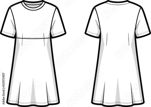 Blank flared T-shirt template for fashion design, featuring an A-line silhouette and technical drawing details for apparel illustration and mockups