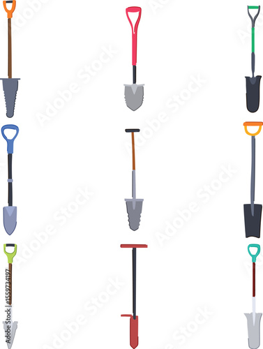 tree planting shovel set cartoon vector illustration