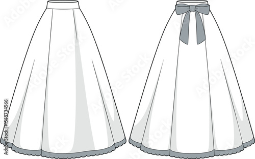 Blank A-line midi skirt template for fashion design and technical drawing, with a bow-tie back and a scalloped hemline detail