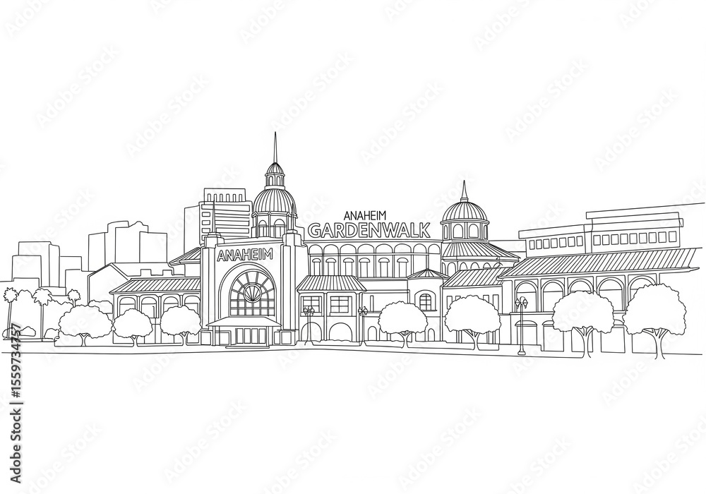 Fototapeta premium Anaheim GardenWalk in Anaheim one line drawing