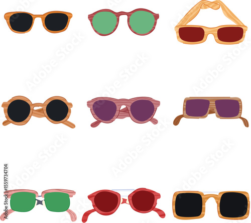 wooden sunglasses set cartoon vector illustration