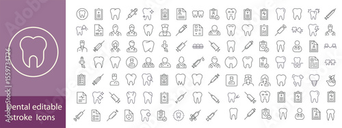 Set of dental health related icons. Dentistry, orthodontic treatment and hygiene. Pixel perfect, editable stroke set
