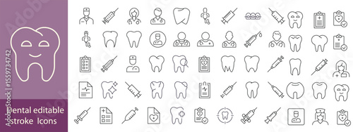 Set of dental health related icons. Dentistry, orthodontic treatment and hygiene. Pixel perfect, editable stroke set