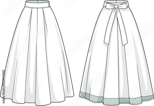 Blank midi skirt template for fashion design and illustration, featuring a detailed technical drawing with pleats and scalloped hemline