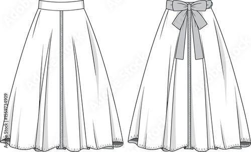 Blank midi skirt template for fashion illustration and technical drawing, with a bow-tie back and zig-zag stitch details for mockups