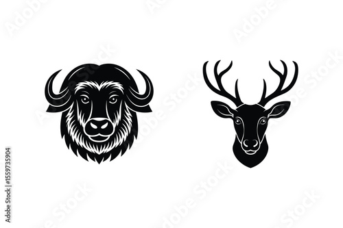 Musk ox, Sika deer, Animal head vector silhouette art bundle