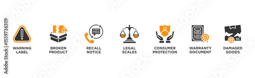 Product Liability banner web icon illustration concept with icon of Warning Label, Broken Product, Recall Notice, Legal Scales, Consumer Protection, Warranty Document, Damaged Goods