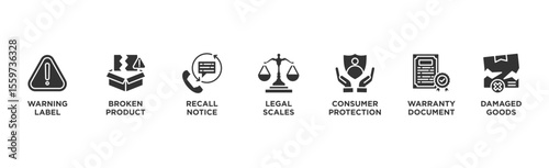 Product Liability banner web icon illustration concept with icon of Warning Label, Broken Product, Recall Notice, Legal Scales, Consumer Protection, Warranty Document, Damaged Goods