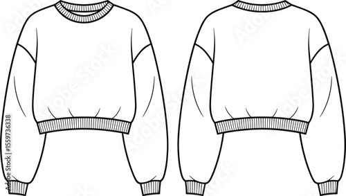 Blank cropped sweatshirt template for fashion illustration and technical drawing, a stylish mockup for oversized, casual, and street-style apparel.