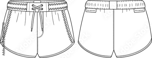 Blank athletic shorts template for sportswear and fashion design, featuring zig-zag stitching details for technical drawing and apparel mockups.