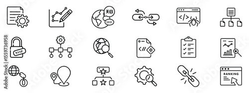 Icon set of SEO optimization, link building strategy, website ranking analysis, global search engine strategy, Icons Set of SEO Tools, Web Optimization, Keyword Ranking, and Search Engine Analytics