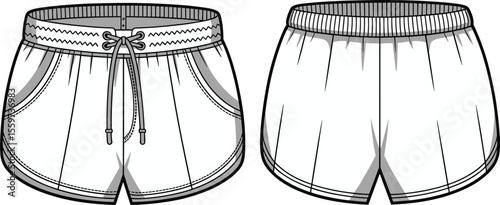 Blank athletic shorts template for fashion design and technical drawings, perfect for sportswear, casual apparel, and loungewear mockups.