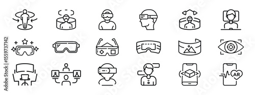Line Style Icons of Virtual Reality, Augmented Reality, Metaverse Headsets, and AR Glasses, icon set showing virtual reality headsets, augmented reality glasses, metaverse experience, 360° interaction