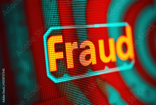 Pixel message icon, “fraud active” on screen. Technology, security and warning concept.