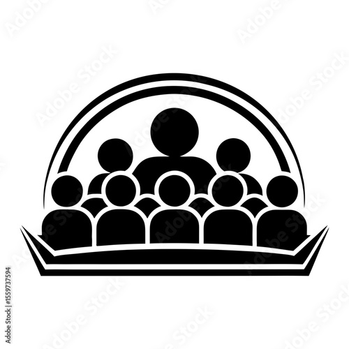Diverse group of people gathered under a protective archway silhouette