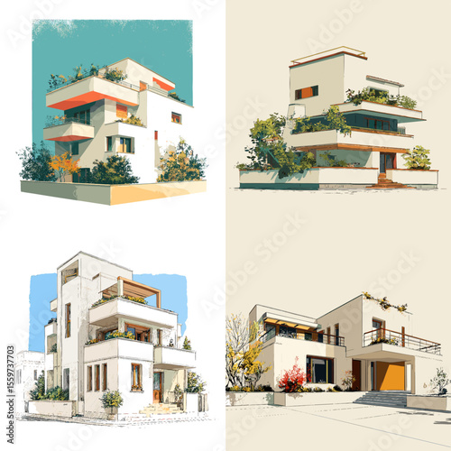 Luxury tropical villas with lush greenery and open balconies, drawn in vibrant modern style highlighting resort living and elegant tropical architecture.

