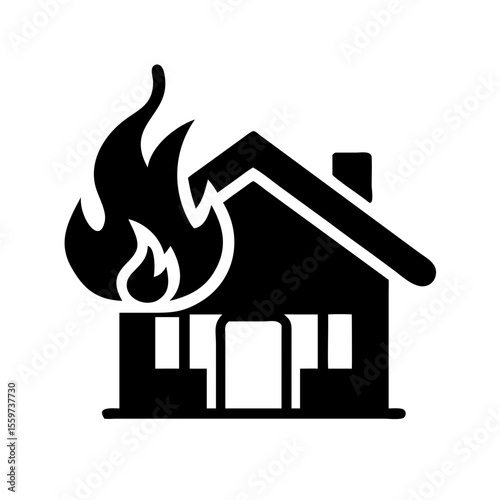 Simple black silhouette of a house engulfed in flames