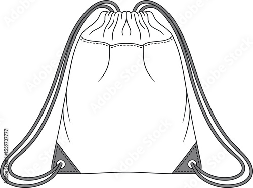 Blank white drawstring backpack template for fashion illustration and technical drawing, a versatile accessory for sports, travel, and casual use, ready for customization
