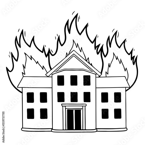 Building on fire with flames engulfing the roof and windows silhouette