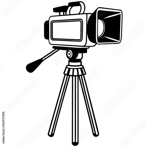 Vintage video camera on tripod in a simple black and white silhouette