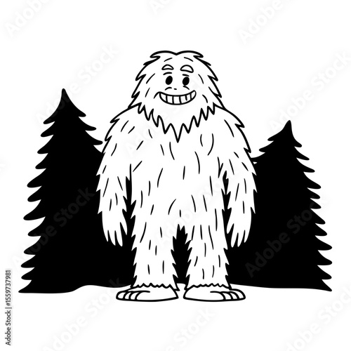 Friendly bigfoot creature standing between two pine trees silhouette