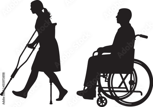 Wheelchair silhouette, wheelchair, various men and woman silhouette in a wheelchair, person in wheelchair silhouette side view isolated on background