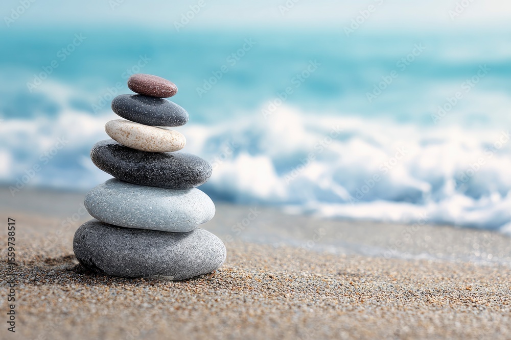Fototapeta premium Stacked stones on beach with ocean backdrop