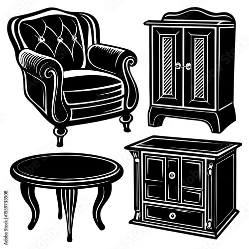 Vintage furniture set including armchair table and cabinets silhouette