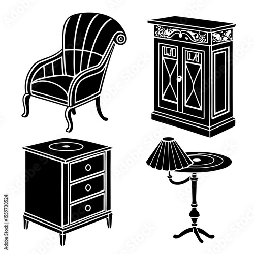 Collection of vintage furniture in black silhouette style