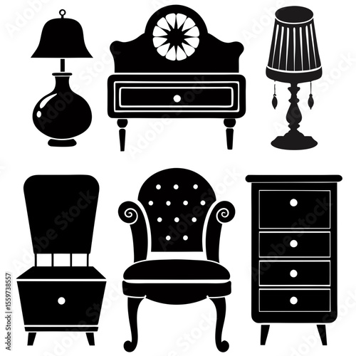 Collection of vintage furniture and lamps in silhouette