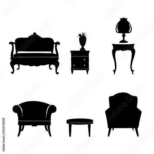 Elegant antique furniture set including sofa chairs and tables silhouette