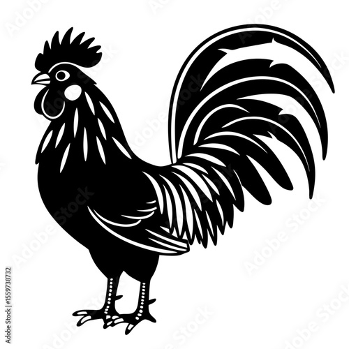 Stylized black rooster silhouette with detailed feathers and comb