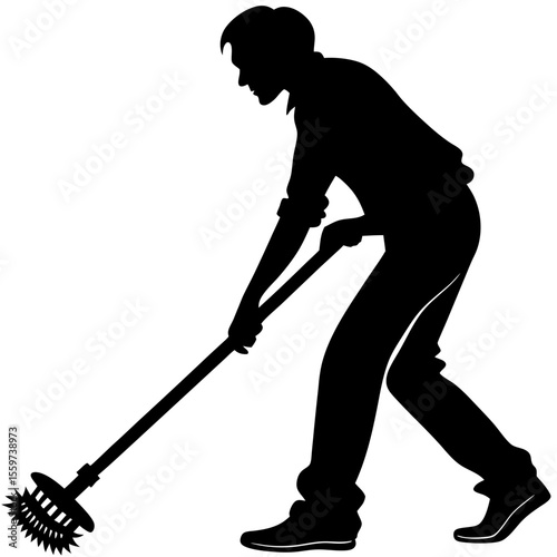 Man cleaning with a brush tool silhouette on white background