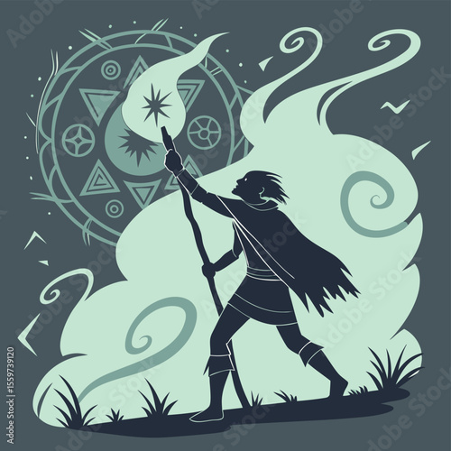Silhouette of a person holding a torch with decorative circle and swirling smoke background design art